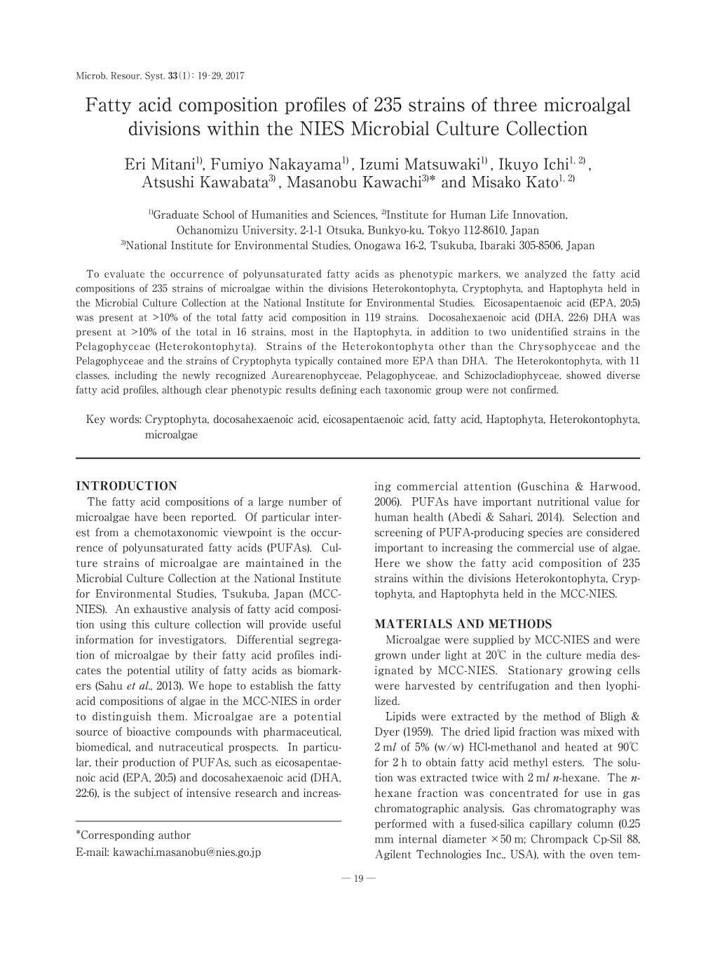 Fatty Acid Composition Profiles of 235 Strains of Three Microalgal Divisions Within the NIES Microbial Culture Collection