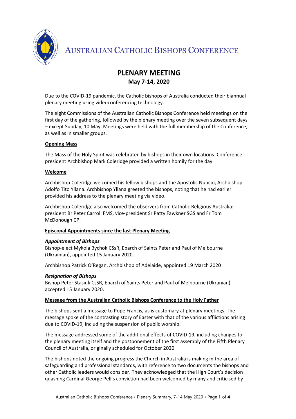 PLENARY MEETING May 7-14, 2020