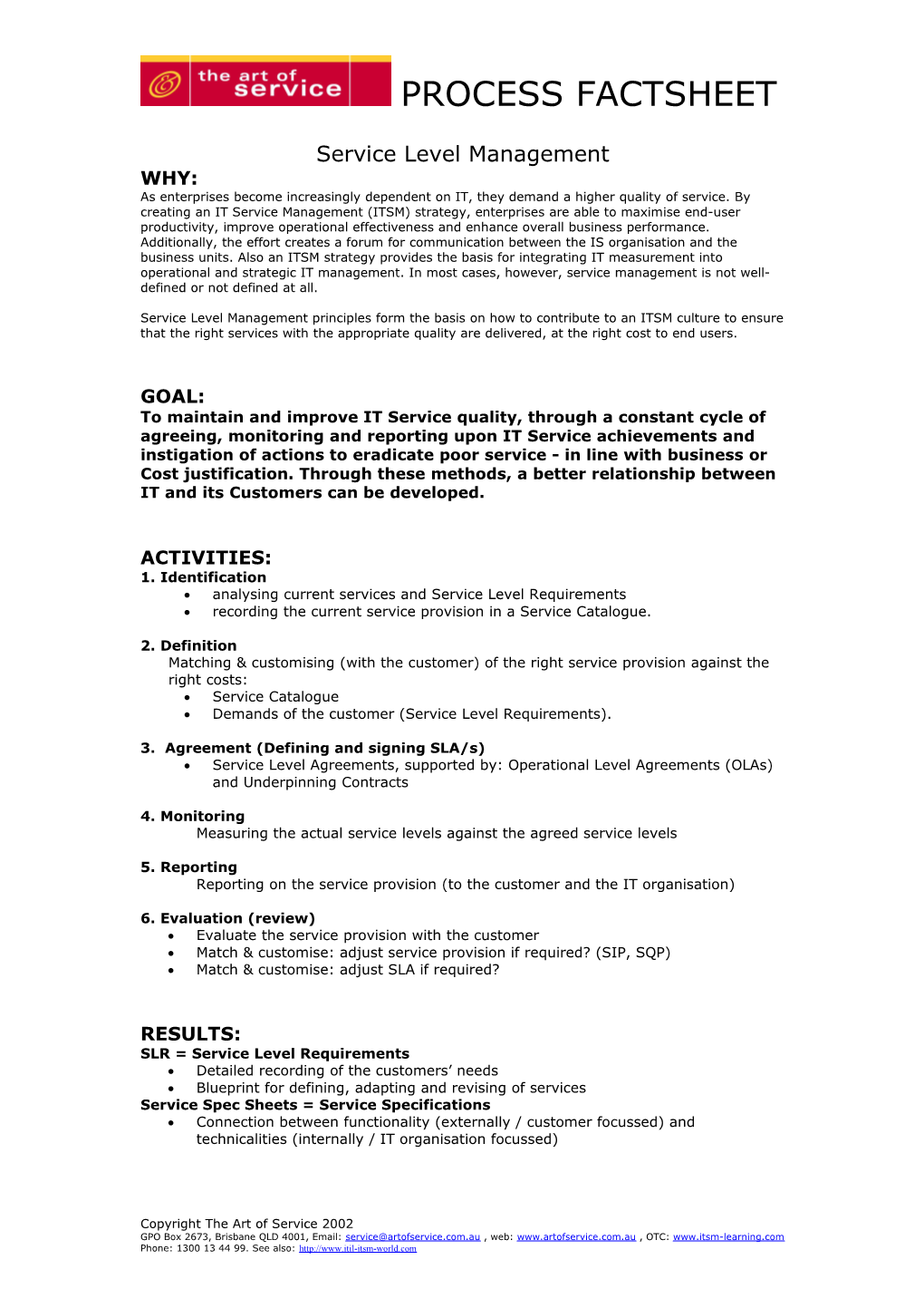 Service Level Management Fact Sheet