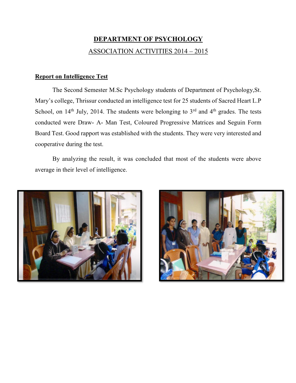 Department of Psychology Association Activities 2014 – 2015