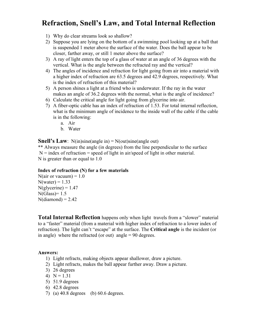 Refraction, Snell S Law, and Total Internal Reflection