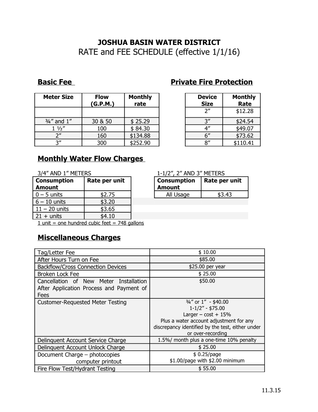 WATER RATE and FEE SCHEDULE