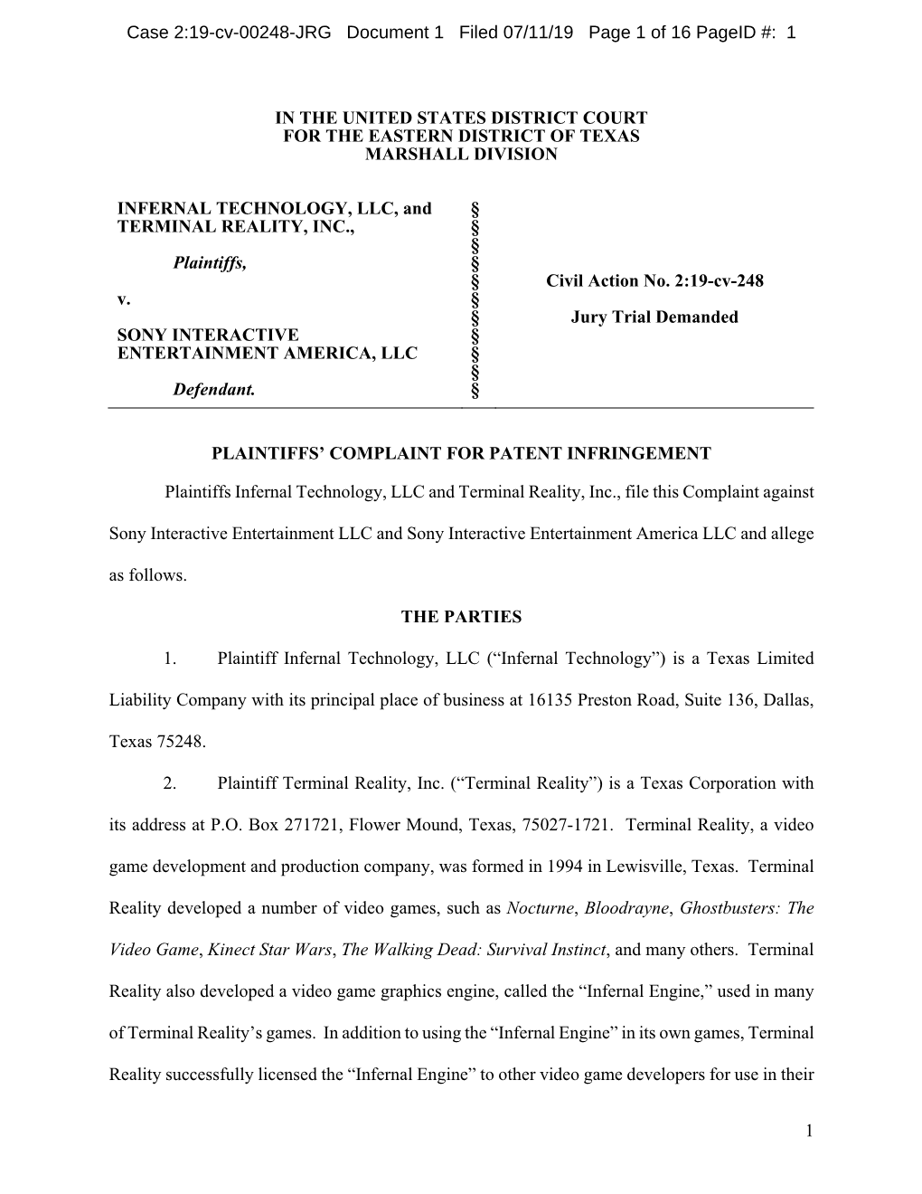 Case 2:19-Cv-00248-JRG Document 1 Filed 07/11/19 Page 1 of 16 Pageid #: 1