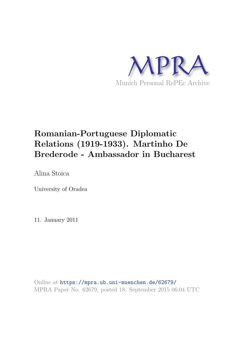 Romanian-Portuguese Diplomatic Relations (1919-1933)