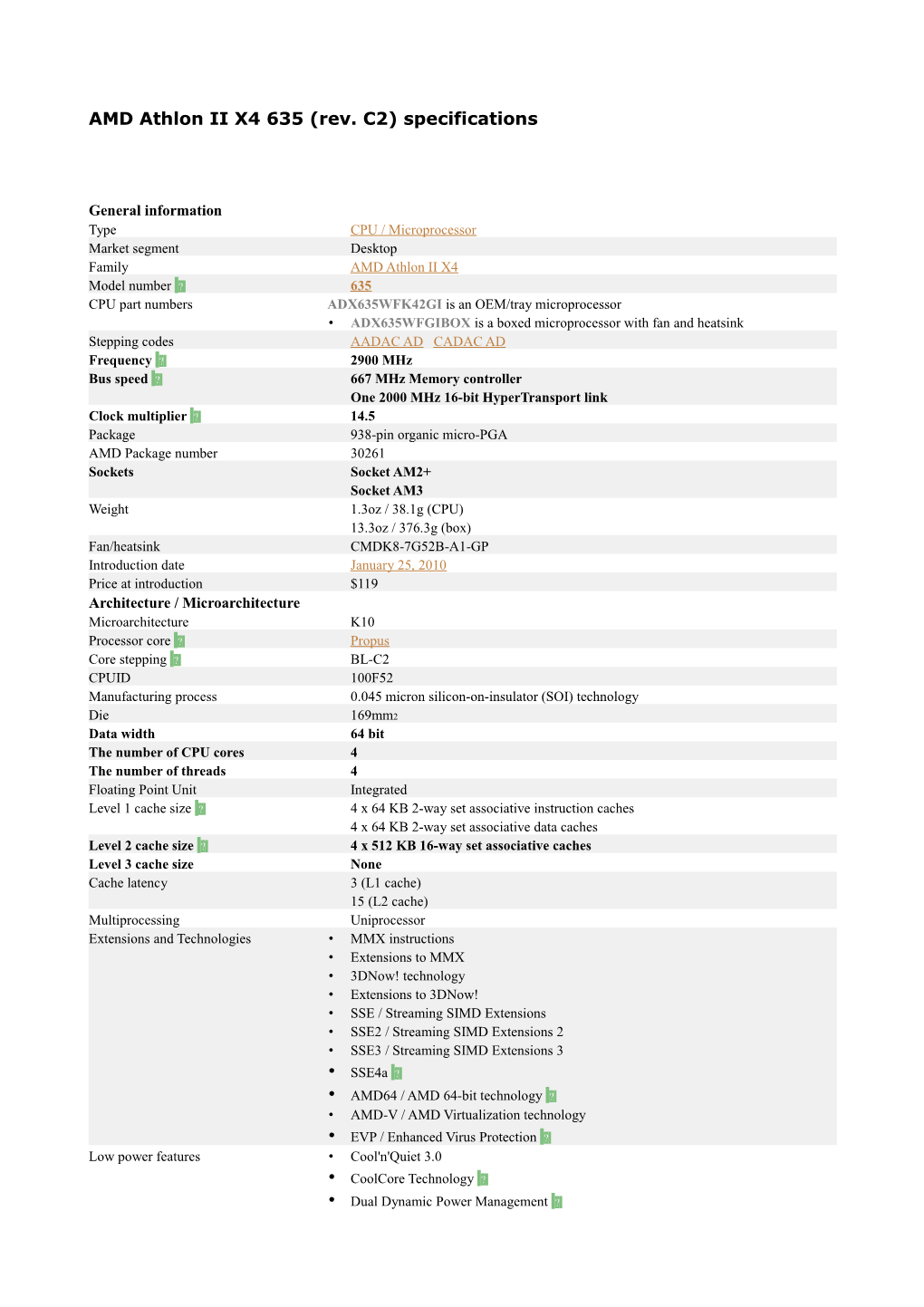 AMD Athlon II X4 635 (Rev. C2) Specifications