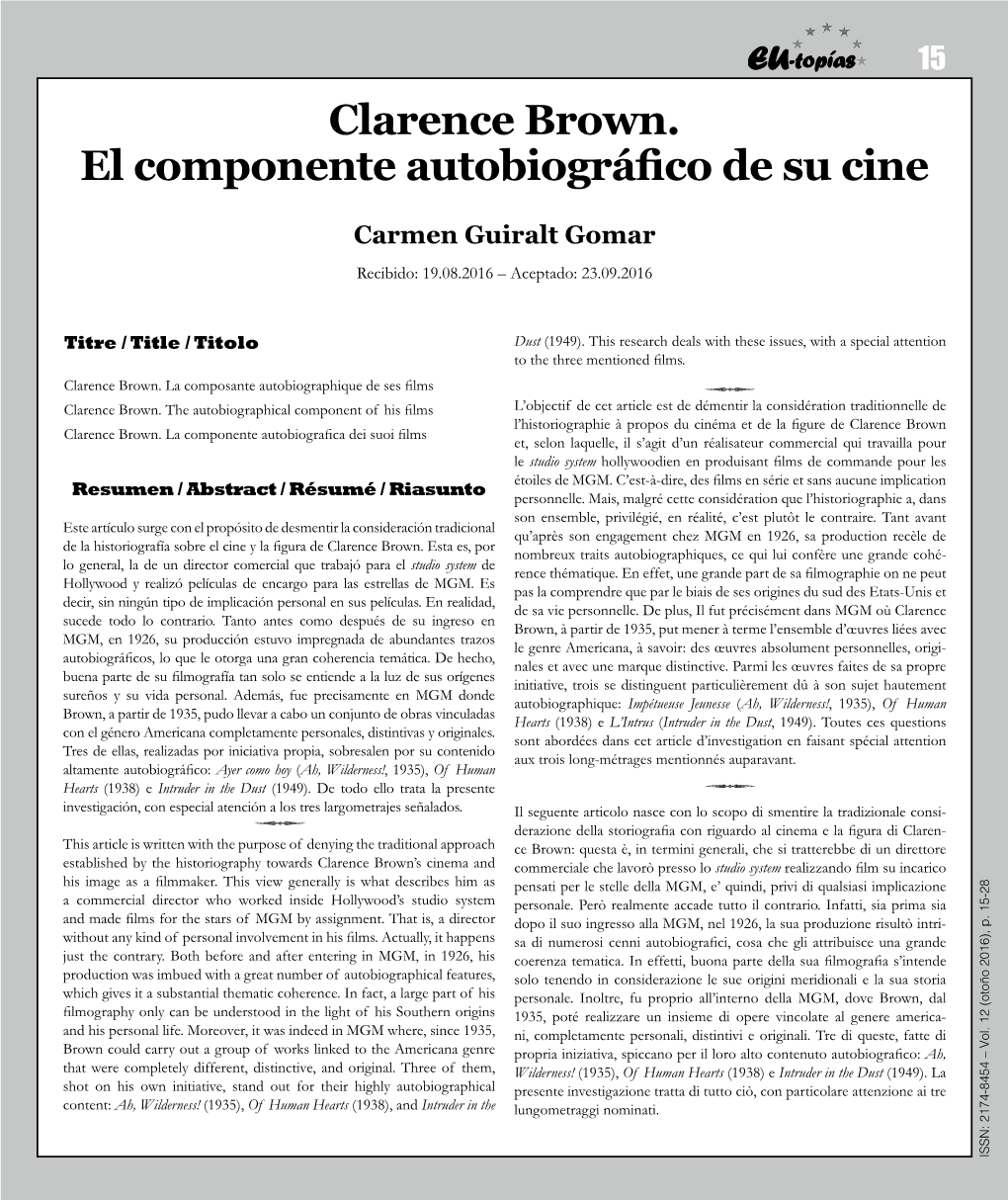 Clarence Brown. El Componente Autobiográfico De Su Cine