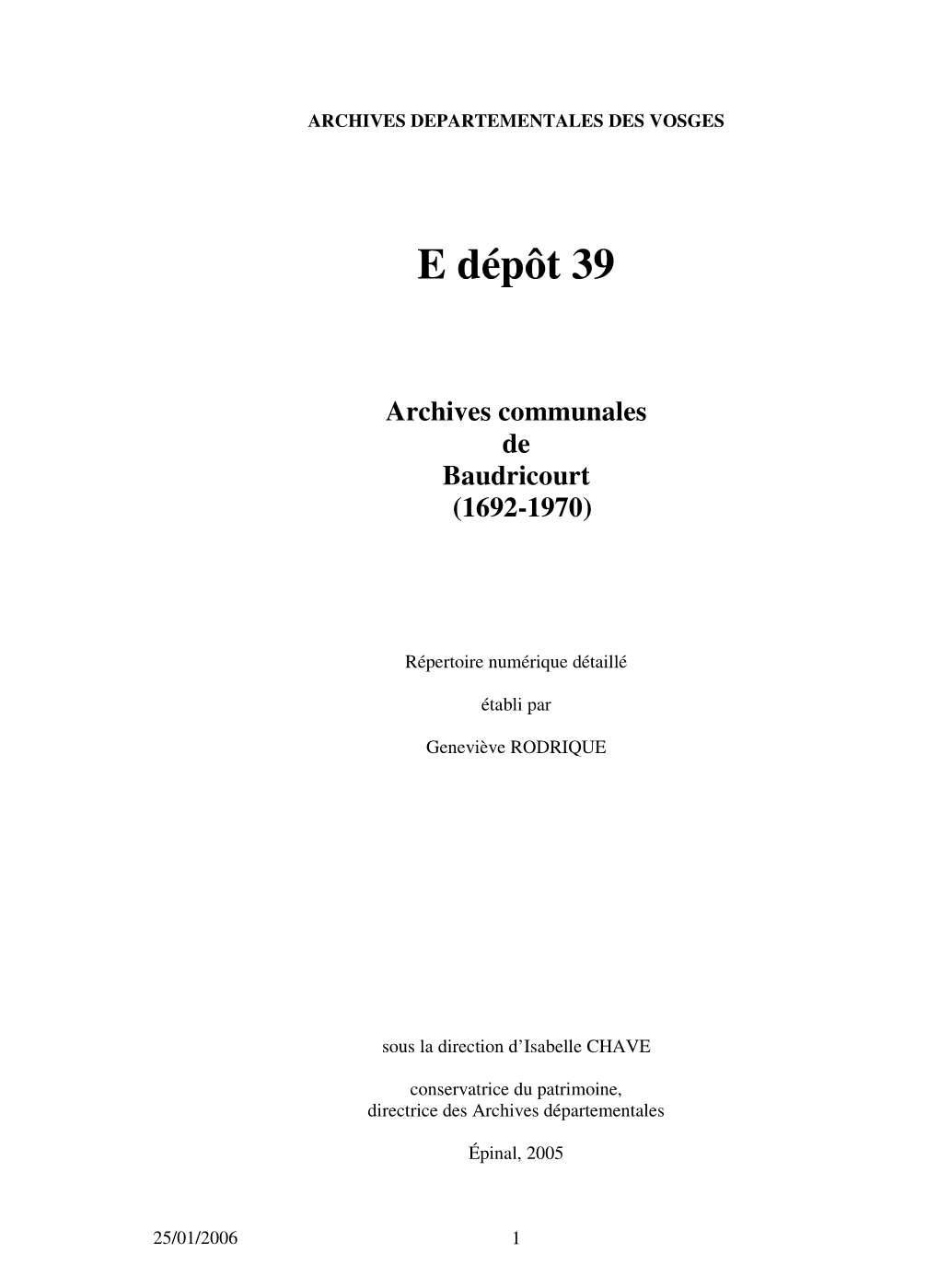 E Dépôt 39 Archives Communales De Baudricourt