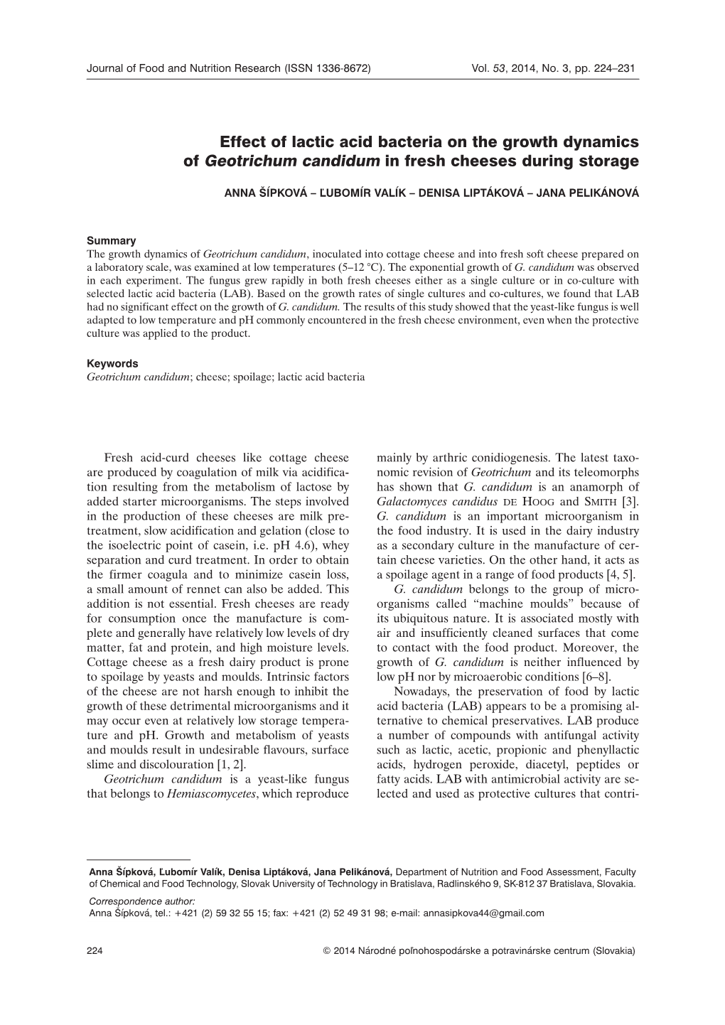 Effect of Lactic Acid Bacteria on the Growth Dynamics of Geotrichum Candidum in Fresh Cheeses During Storage