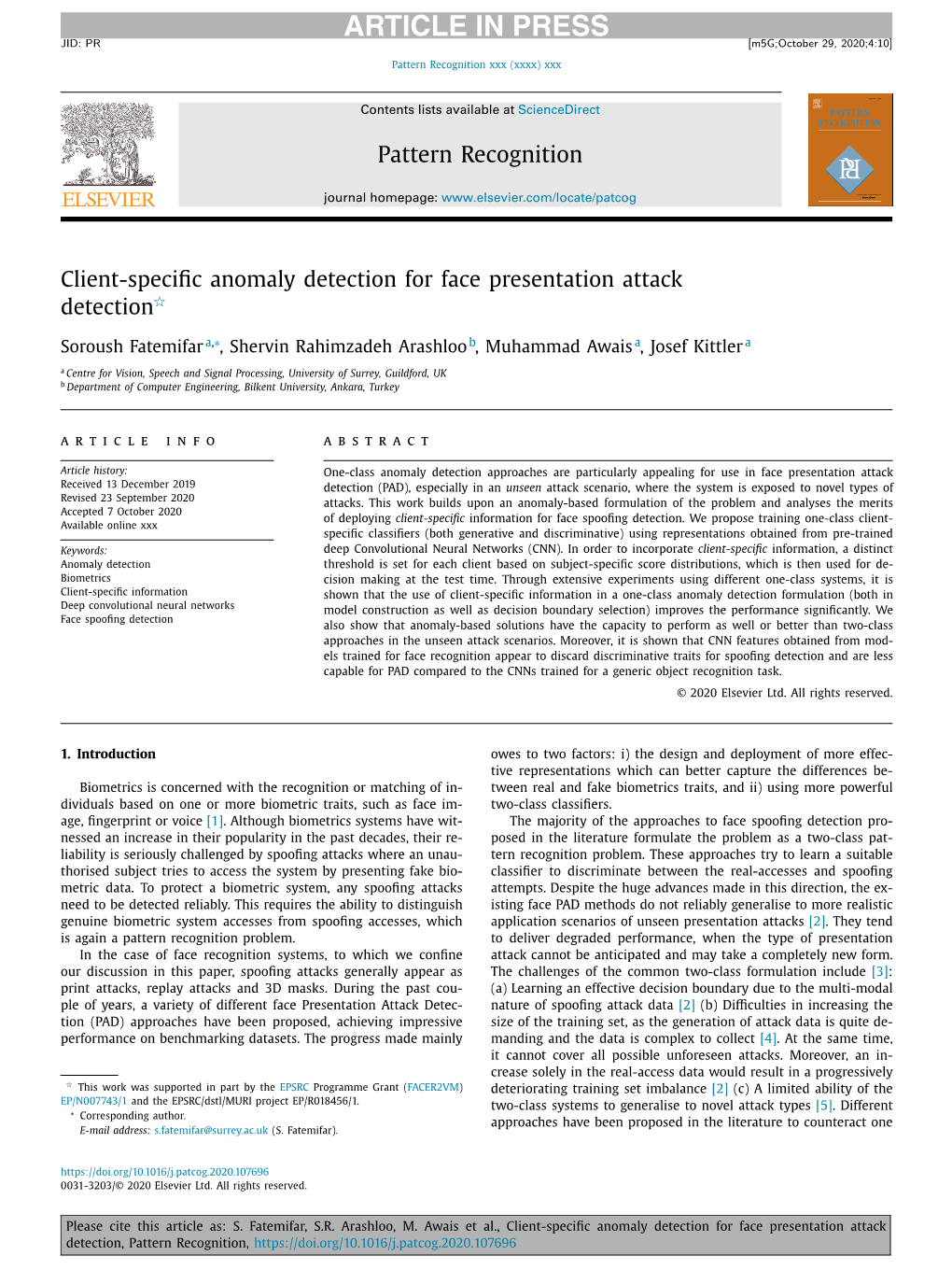 Client-Specific Anomaly Detection for Face Presentation Attack Detection