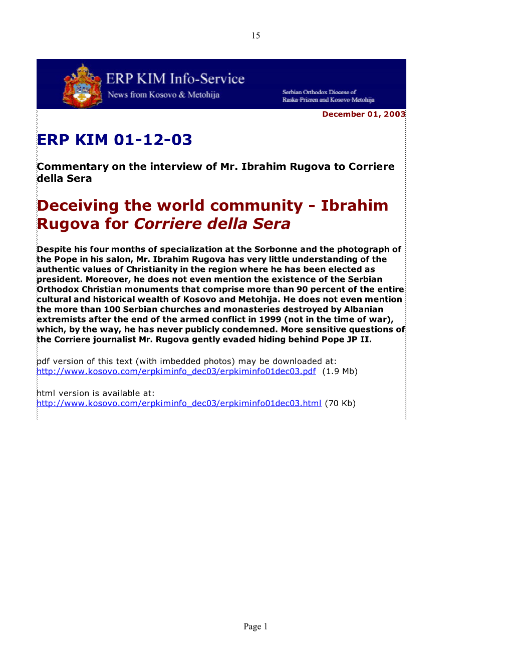 ERP KIM 01-12-03 Deceiving the World Community