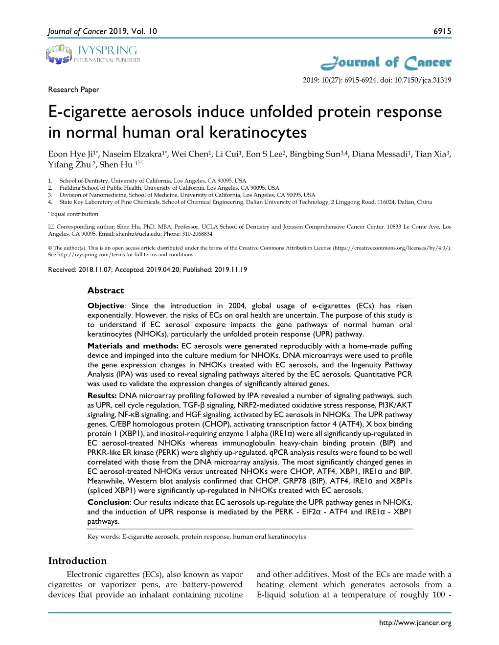 E-Cigarette Aerosols Induce Unfolded Protein Response in Normal Human Oral Keratinocytes