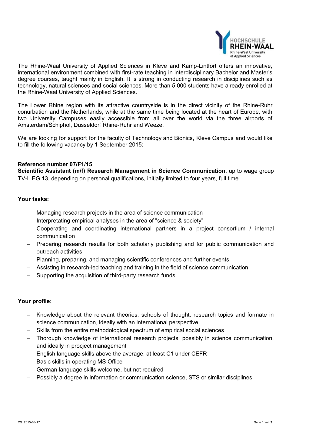 Research Management in Science Communication, up to Wage Group TV-L EG 13, Depending on Personal Qualifications, Initially Limited to Four Years, Full Time