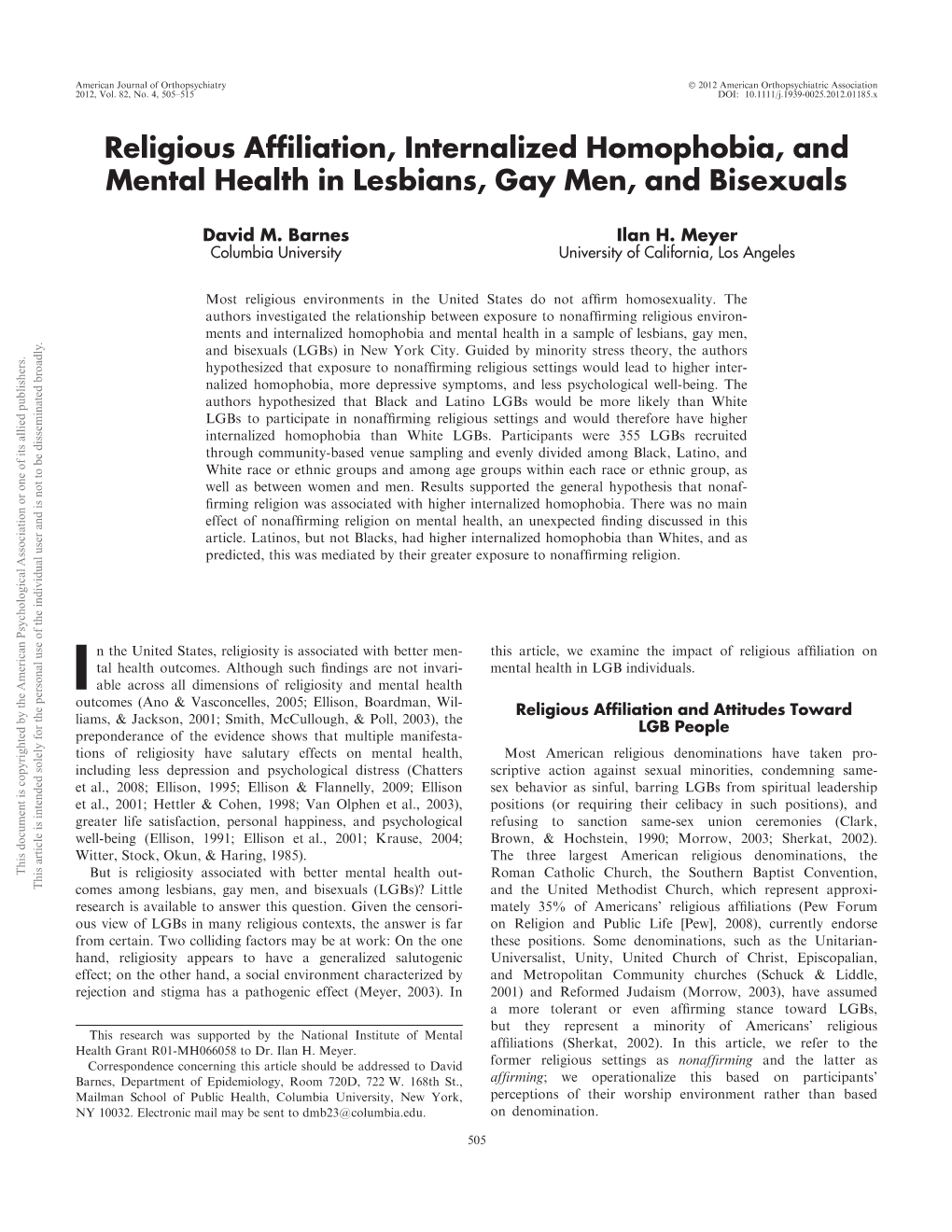 Religious Affiliation, Internalized Homophobia, and Mental Health In