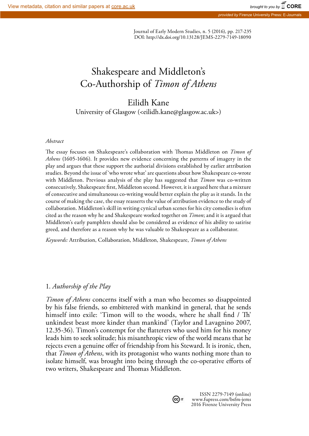 Shakespeare and Middleton's Co-Authorship of Timon of Athens