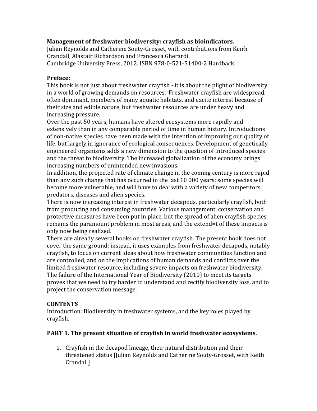 Management of Freshwater Biodiversity: Crayfish As Bioindicators