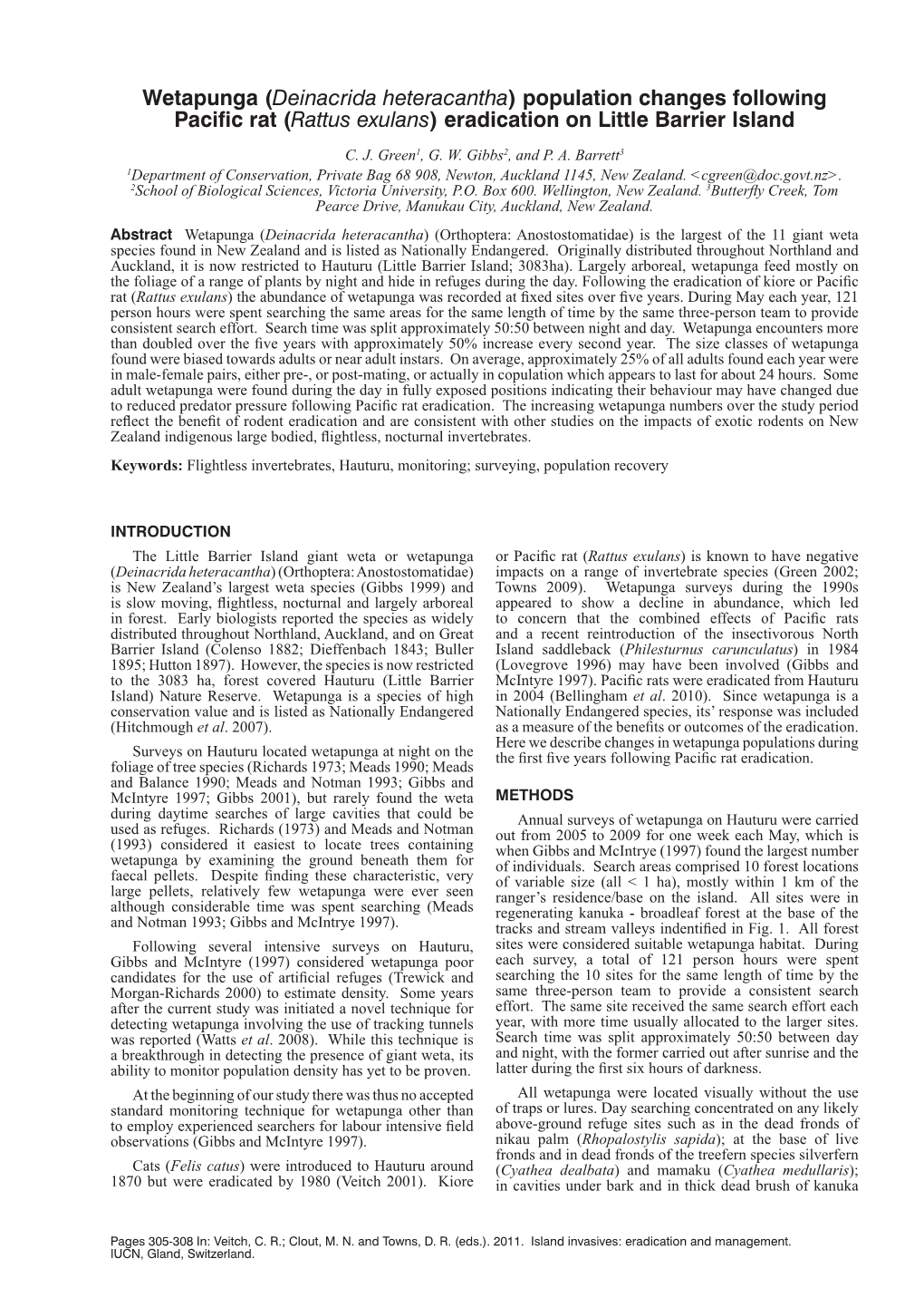 Deinacrida Heteracantha) Population Changes Following Pacific Rat Rattus( Exulans) Eradication on Little Barrier Island