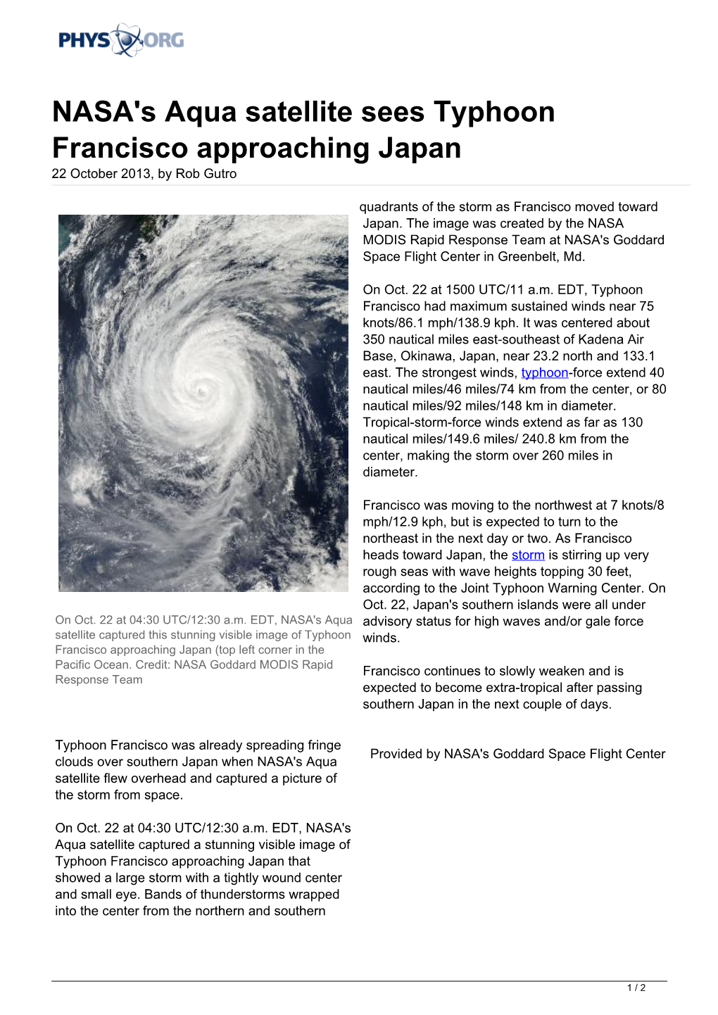 NASA's Aqua Satellite Sees Typhoon Francisco Approaching Japan 22 October 2013, by Rob Gutro