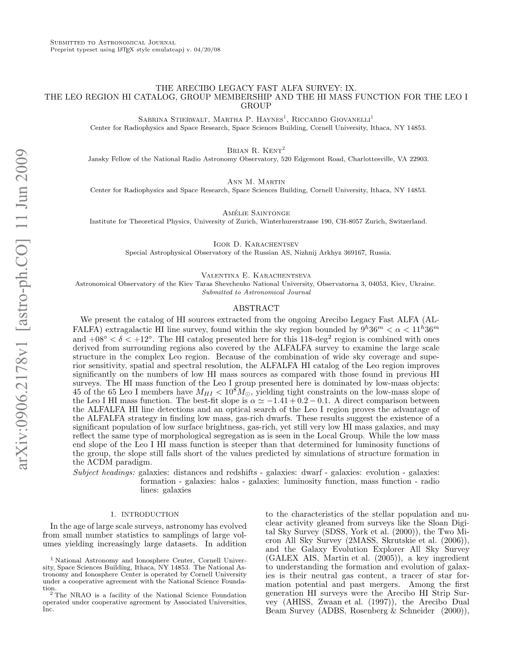 Arxiv:0906.2178V1 [Astro-Ph.CO] 11 Jun 2009 Prtdudrcoeaieareetb Soitduniver Associated by Agreement Inc