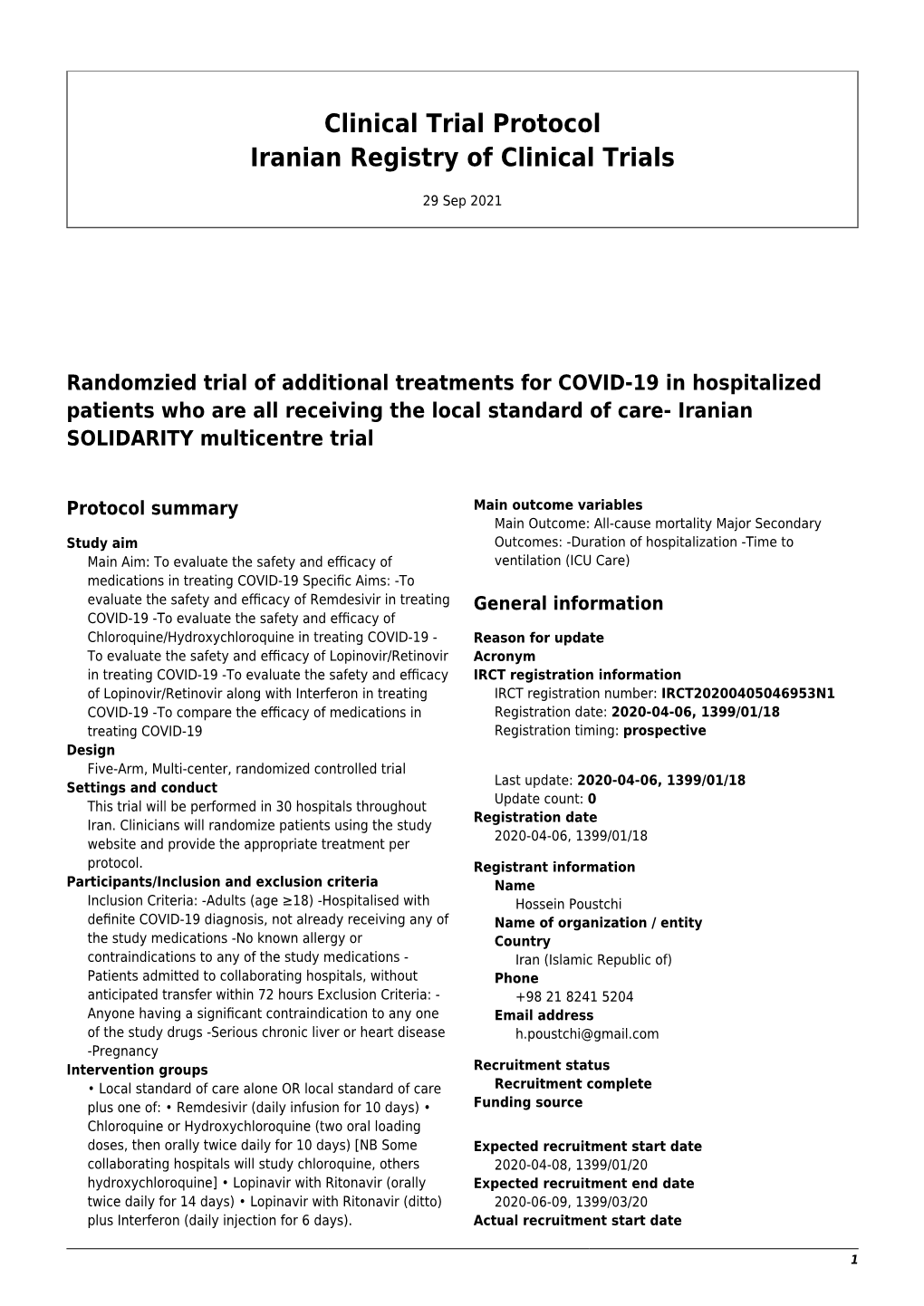 Clinical Trial Protocol Iranian Registry of Clinical Trials