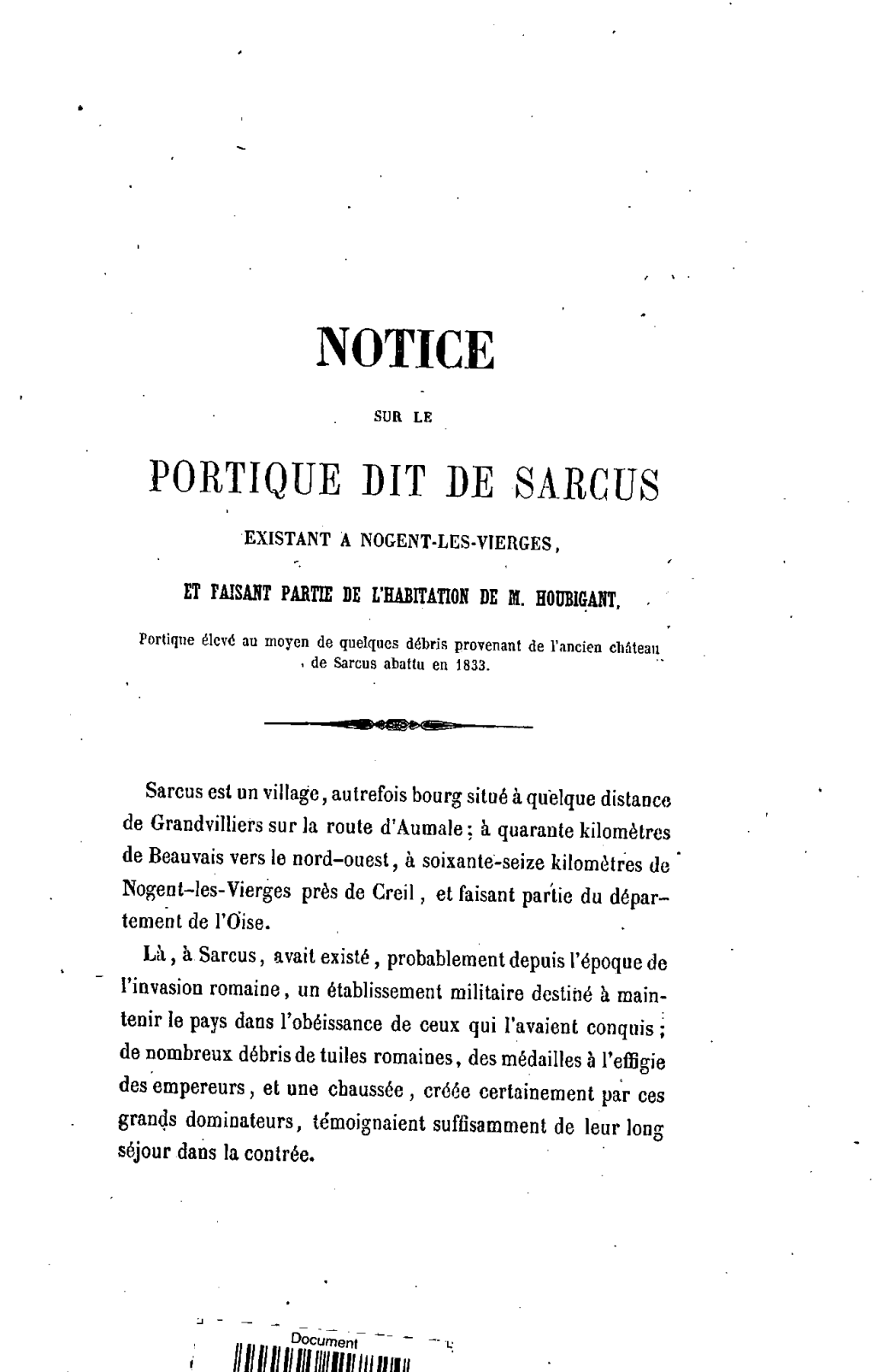 Notice Sur Le Portique Dit De Sarcus Existant a Nogent-Les-Vierges