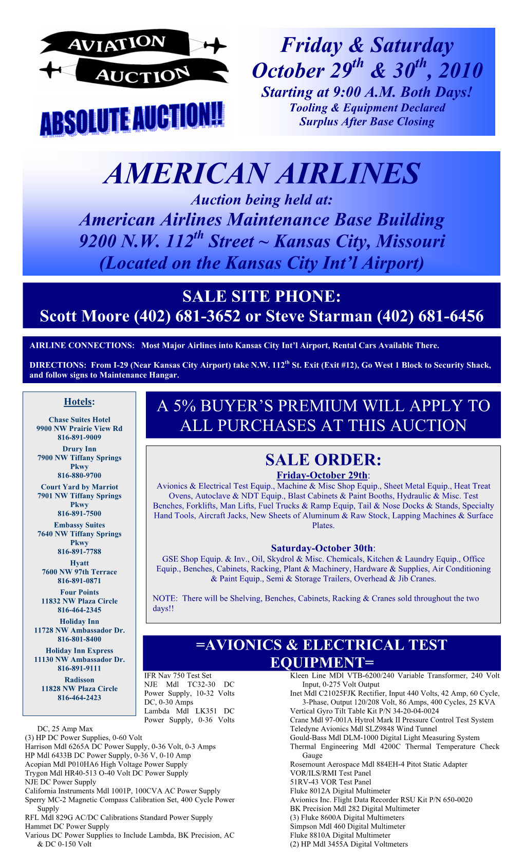 AMERICAN AIRLINES Auction Being Held At: American Airlines Maintenance Base Building 9200 N.W
