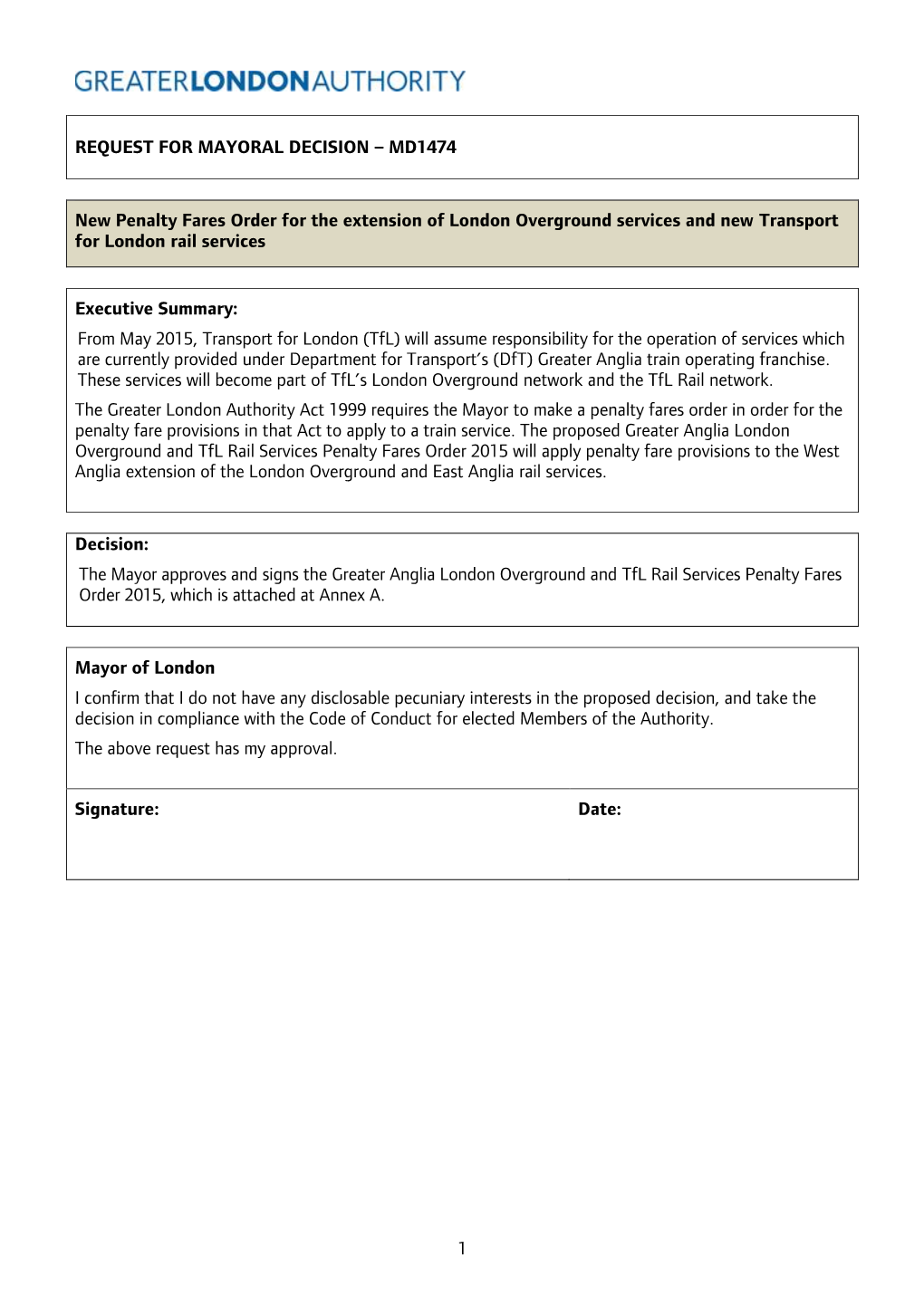 MD1474 New Penalty Fares Order for the Extension of London