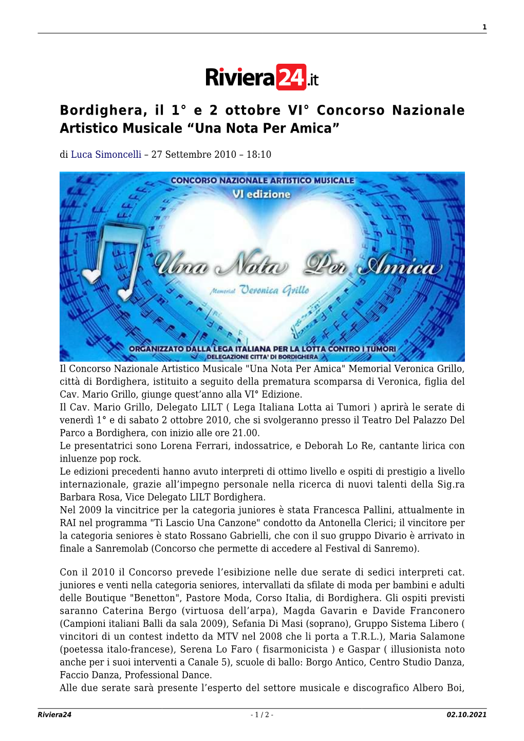 Bordighera, Il 1° E 2 Ottobre VI° Concorso Nazionale Artistico Musicale “Una Nota Per Amica”