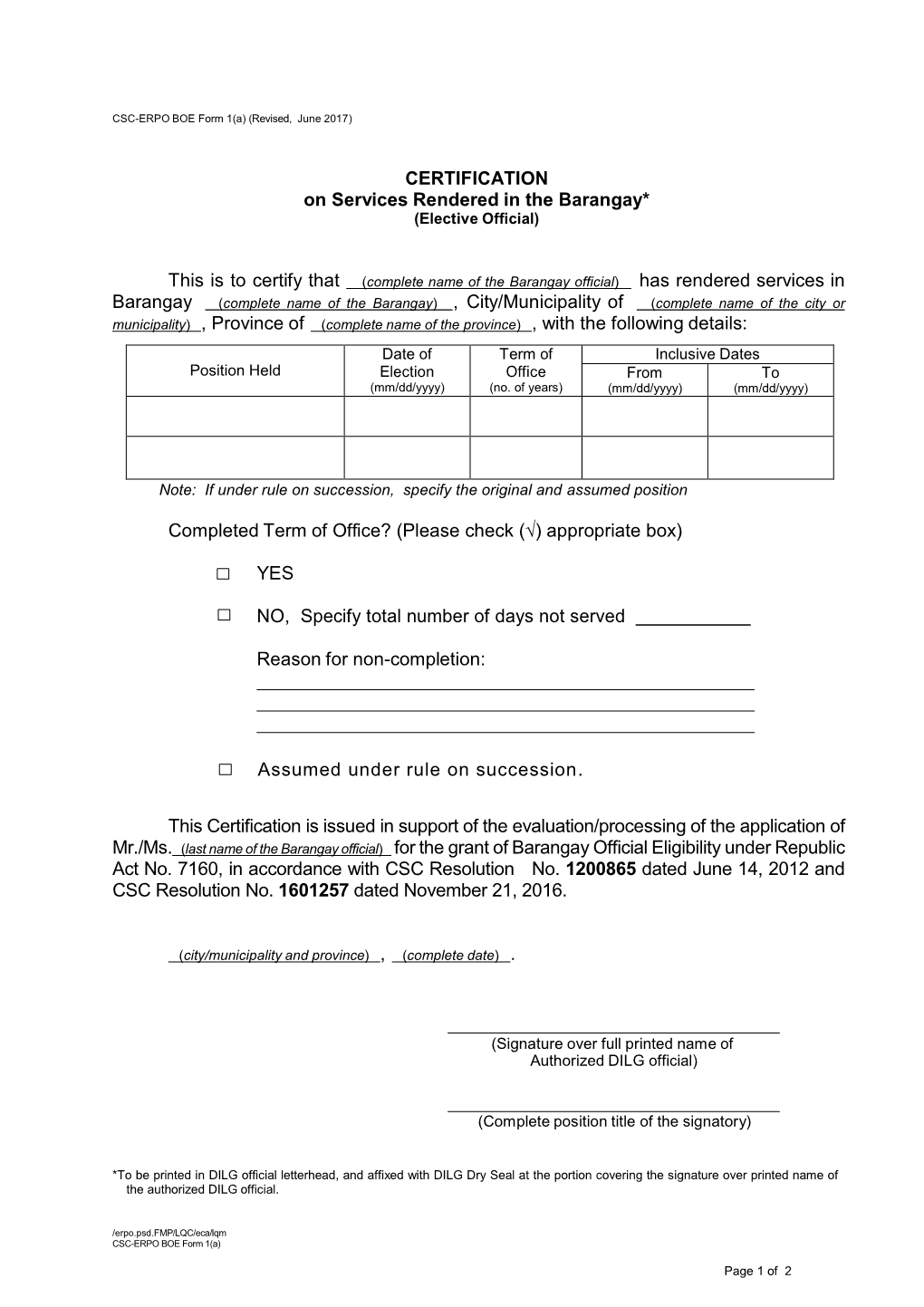 CERTIFICATION on Services Rendered in the Barangay* (Elective Official)