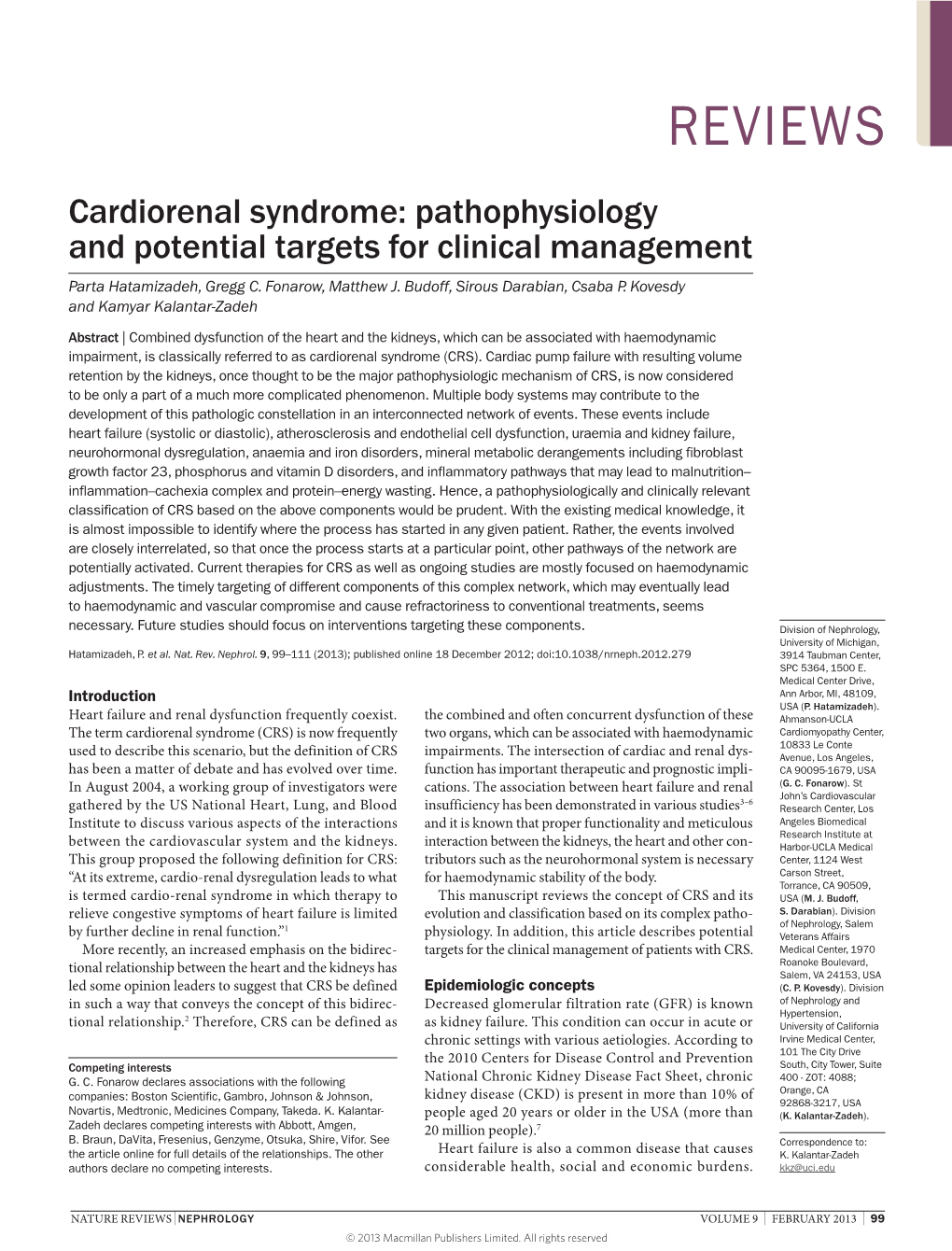 Cardiorenal Syndrome: Pathophysiology and Potential Targets for Clinical Management Parta Hatamizadeh, Gregg C