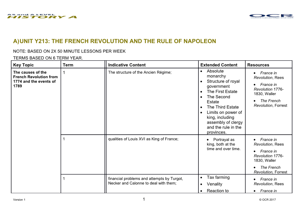 OCR a an AS History Unit Y213 Scheme of Work