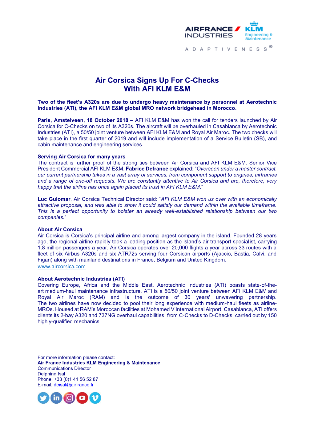 Air Corsica Signs up for C-Checks with AFI KLM E&M
