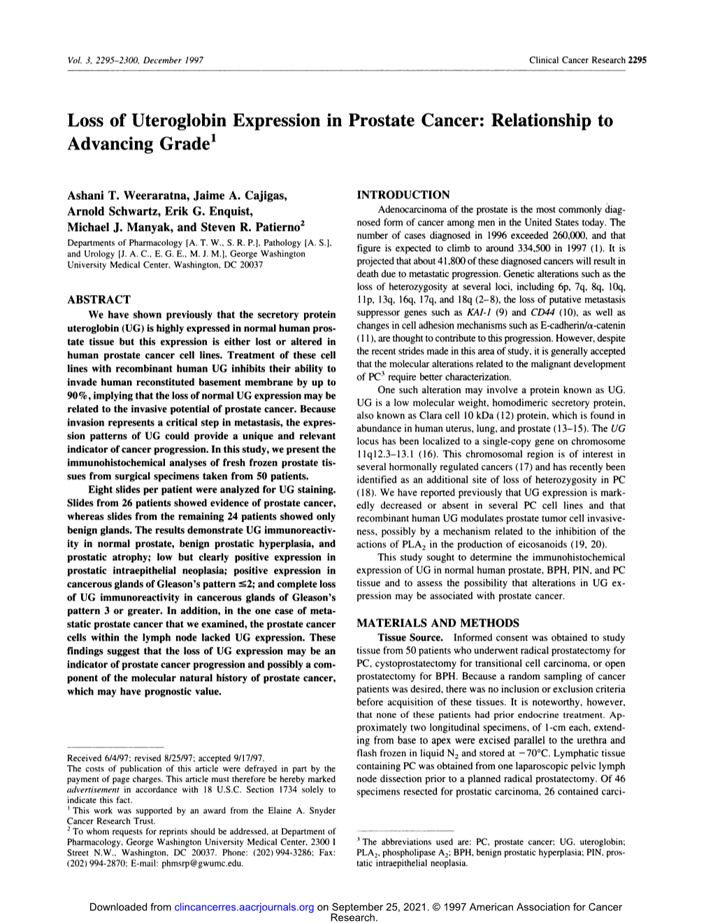 Loss of Uteroglobin Expression in Prostate Cancer: Relationship to Advancing Grade1