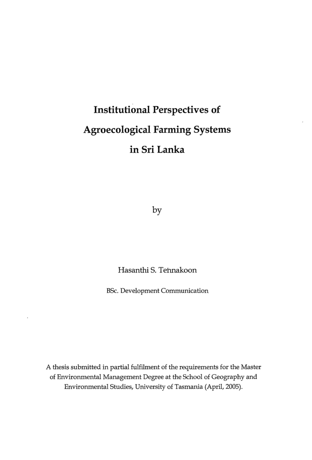 Institutional Perspectives of Agroecological Farming Systems In