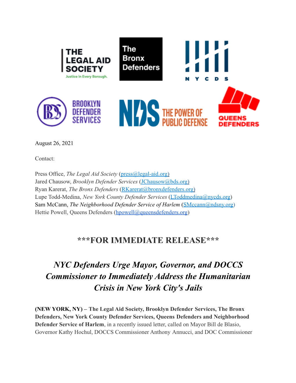08 26 21 NYC Defenders Urge Mayor, Governor, and DOCCS