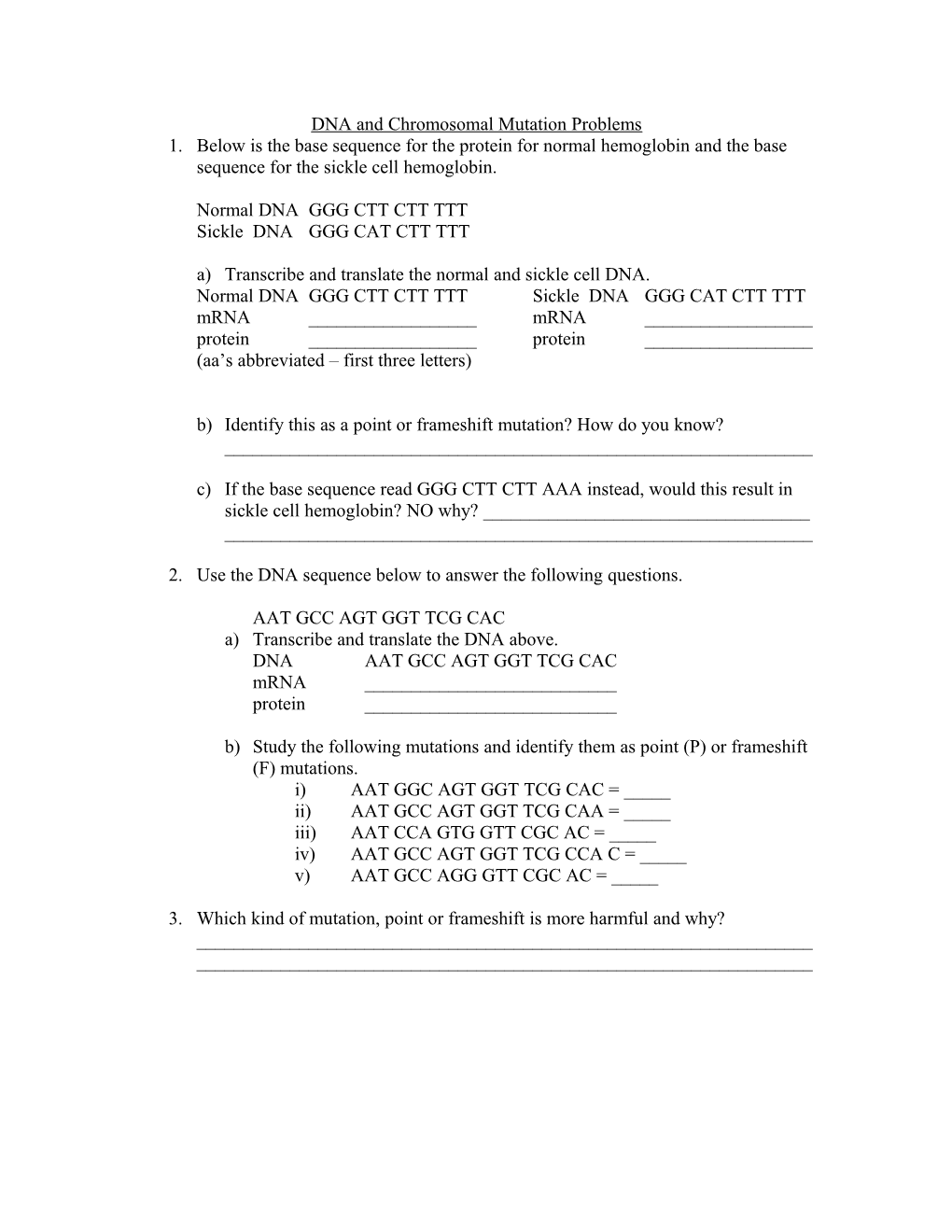 DNA and Chromosomal Mutation Problems