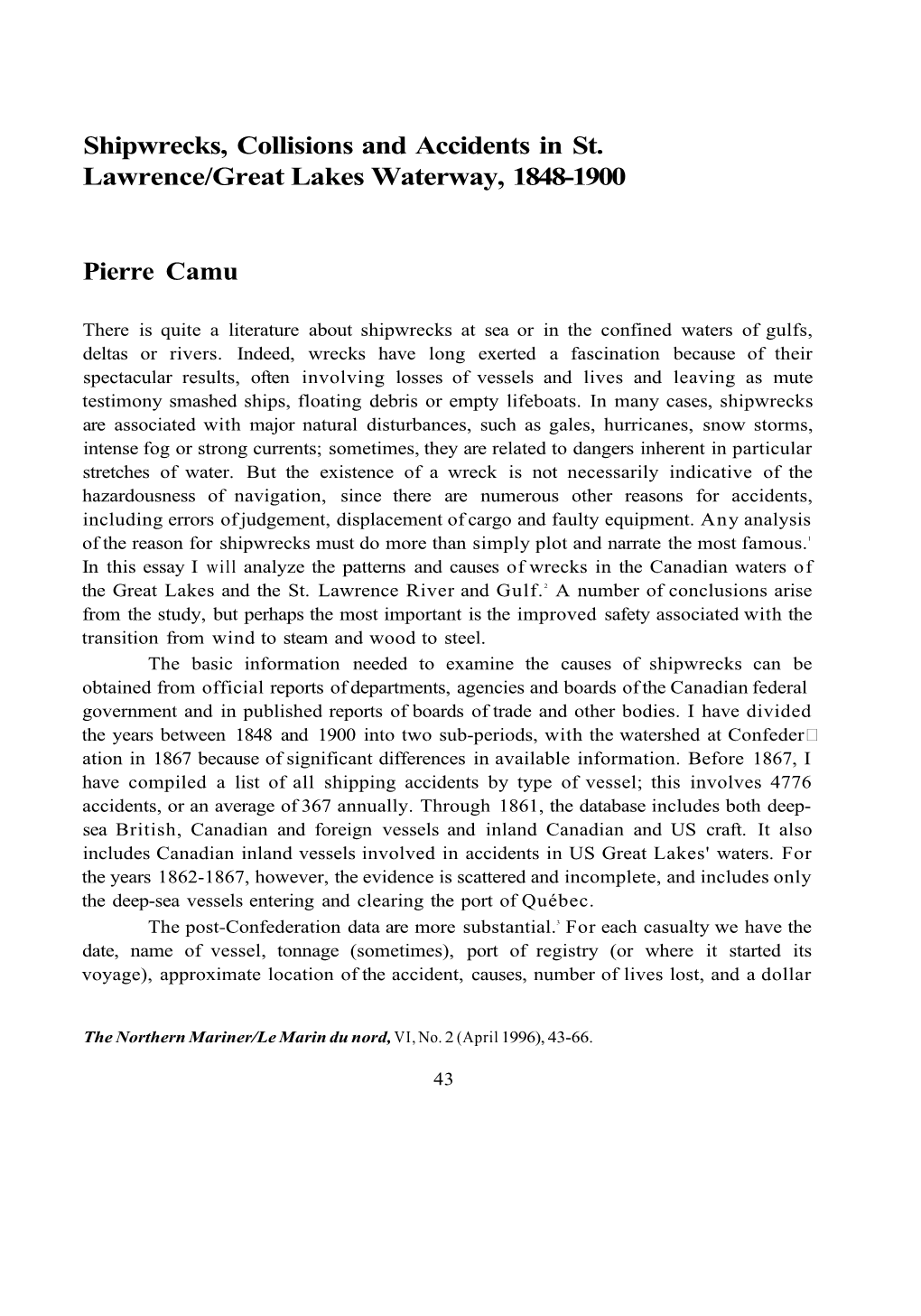 Shipwrecks, Collisions and Accidents in St. Lawrence/Great Lakes Waterway, 1848-1900