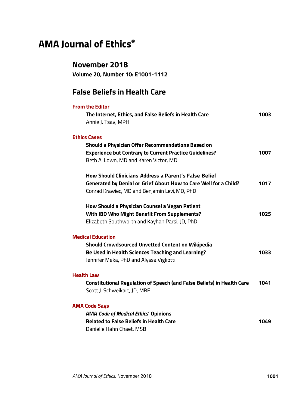 AMA Journal of Ethics® November 2018, Volume 20, Number 11: E1003-1006