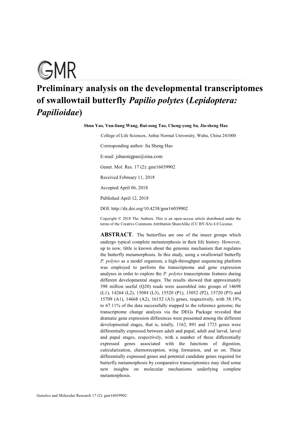 Preliminary Analysis on the Developmental Transcriptomes of Swallowtail Butterfly Papilio Polytes (Lepidoptera: Papilioidae)