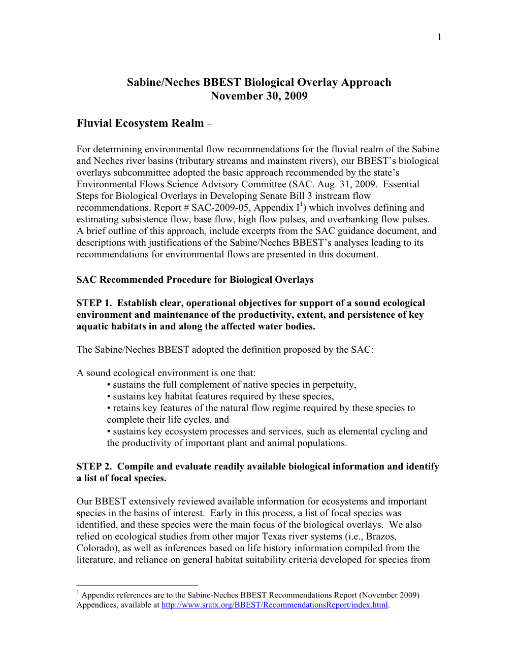 Sabine/Neches BBEST Biological Overlay Approach November 30, 2009