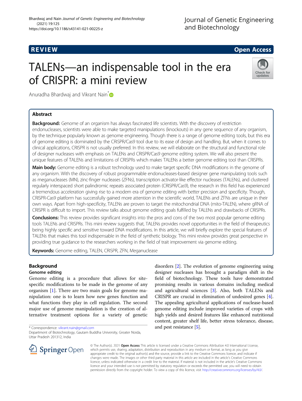 Talens—An Indispensable Tool in the Era of CRISPR: a Mini Review Anuradha Bhardwaj and Vikrant Nain*