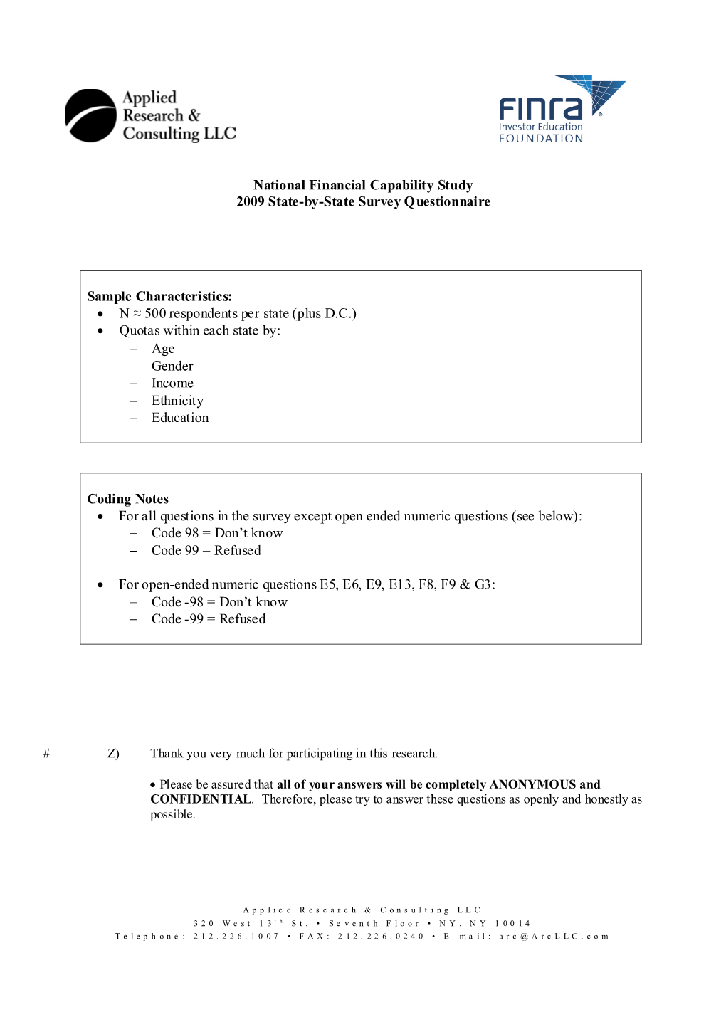 2009 State-By-State Survey — Questionnaire