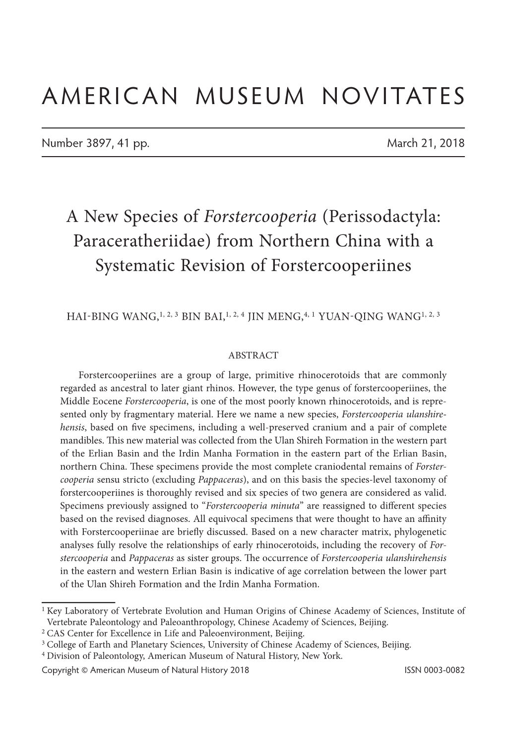 A New Species of Forstercooperia (Perissodactyla: Paraceratheriidae) from Northern China with a Systematic Revision of Forstercooperiines