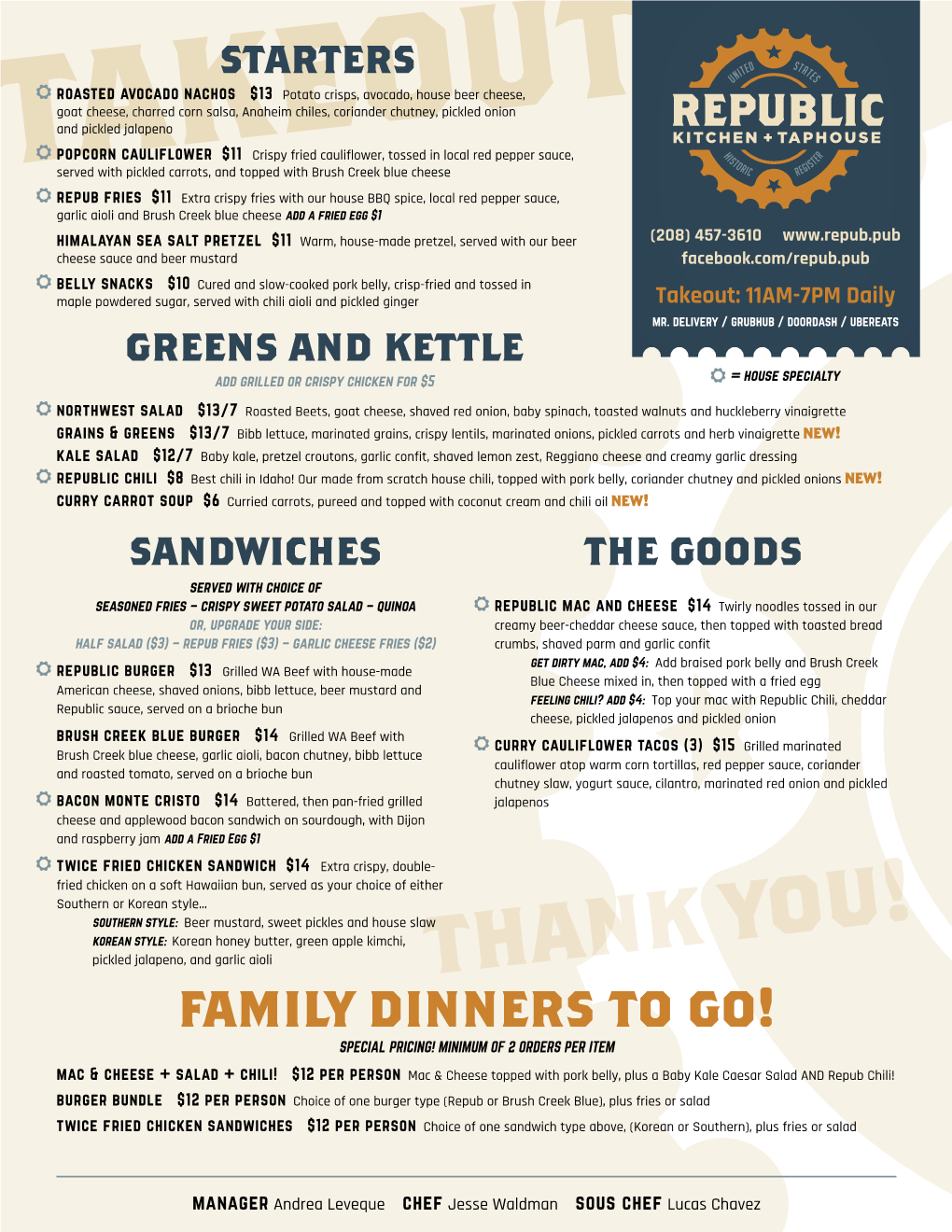 Thank You! Family Dinners to Go! SPECIAL PRICING! MINIMUM of 2 ORDERS PER ITEM