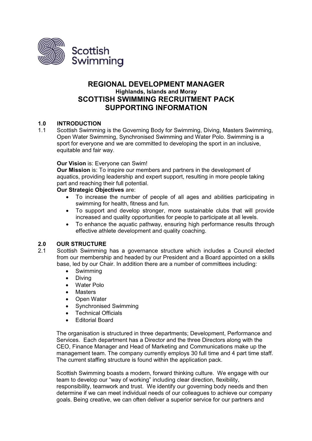 REGIONAL DEVELOPMENT MANAGER Highlands, Islands and Moray SCOTTISH SWIMMING RECRUITMENT PACK SUPPORTING INFORMATION