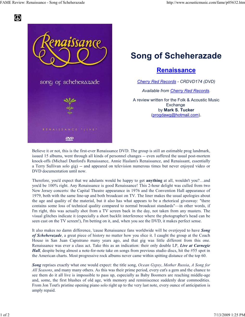 FAME Review: Renaissance - Song of Scheherazade