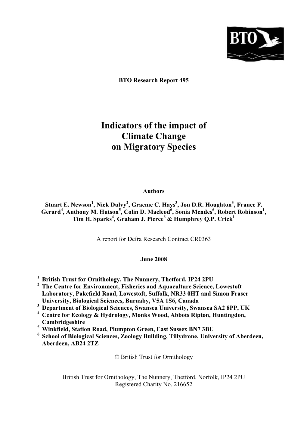 Indicators of the Impact of Climate Change on Migratory Species