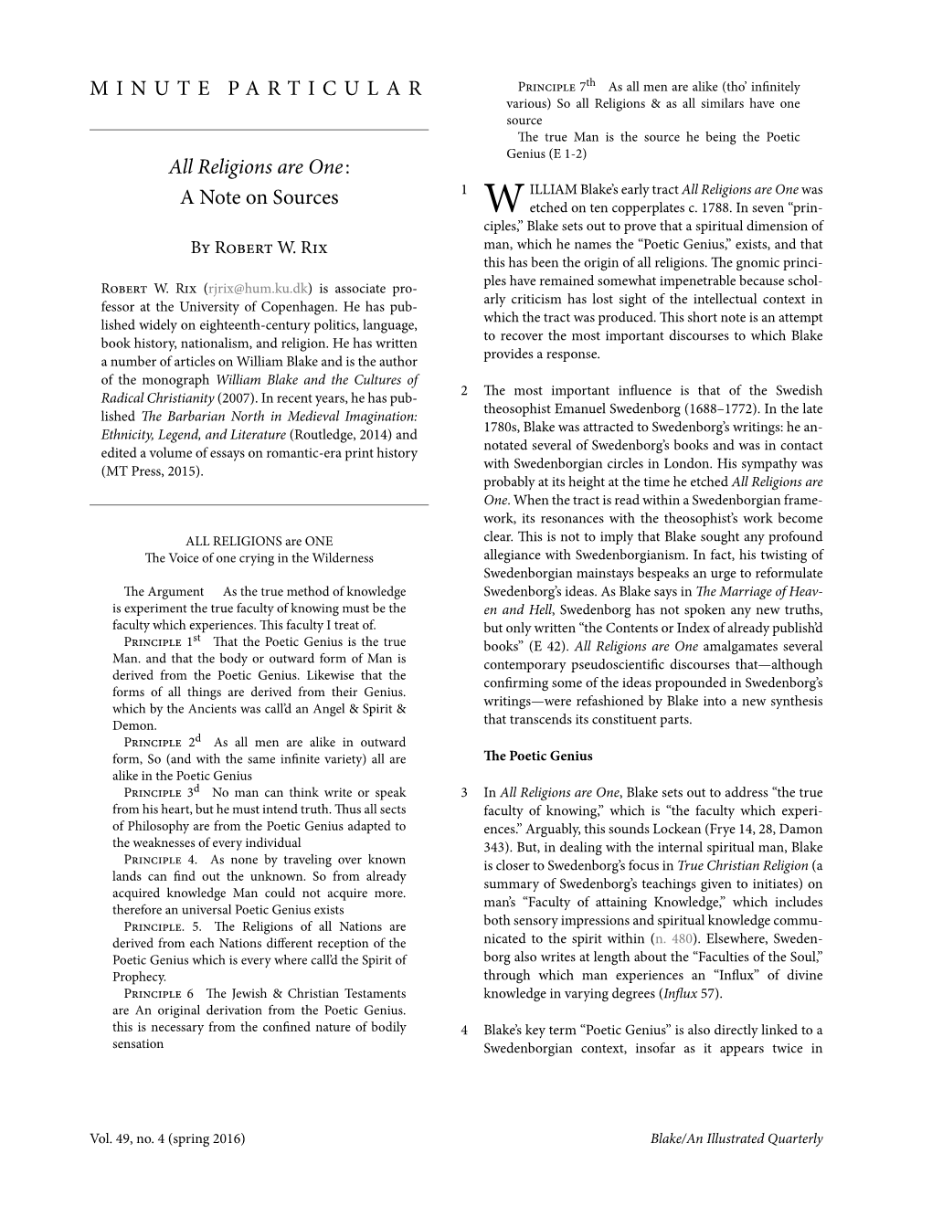 All Religions Are One: a Note on Sources 1 ILLIAM Blake’S Early Tract All Religions Are One Was W Etched on Ten Copperplates C