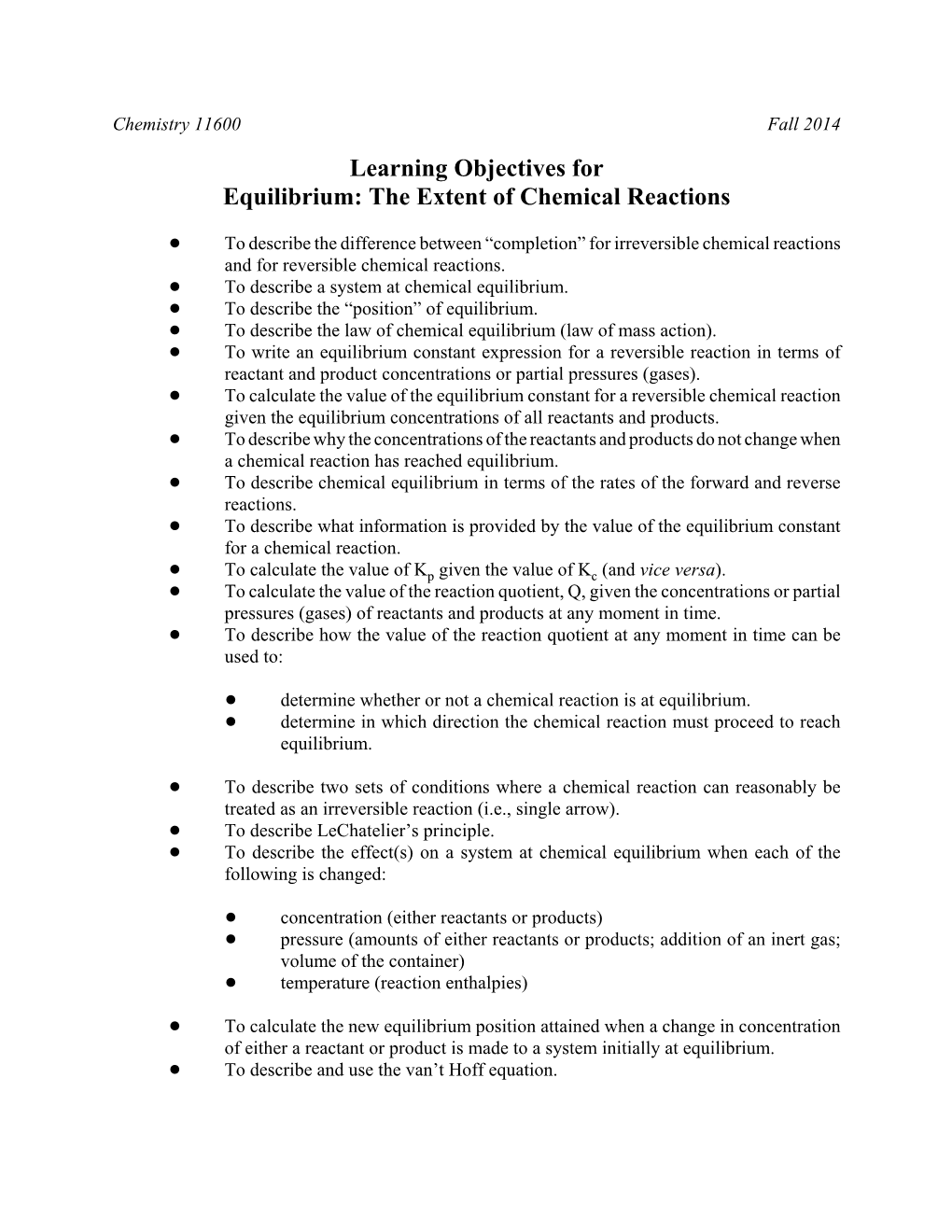 Learning Objectives for Equilibrium: the Extent of Chemical Reactions