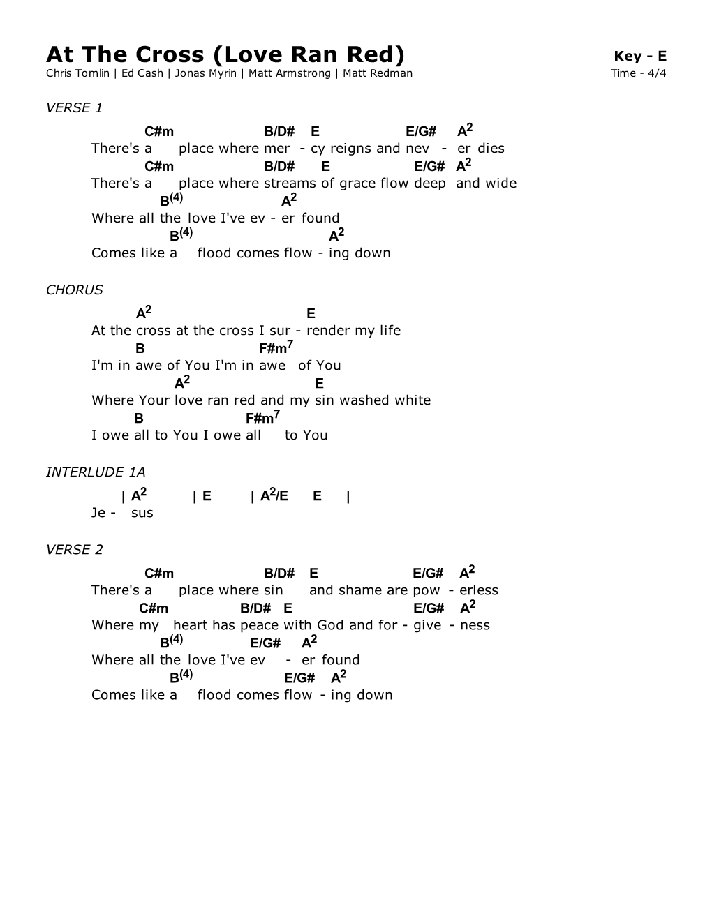 At the Cross (Love Ran Red) Key - E Chris Tomlin | Ed Cash | Jonas Myrin | Matt Armstrong | Matt Redman Time - 4/4