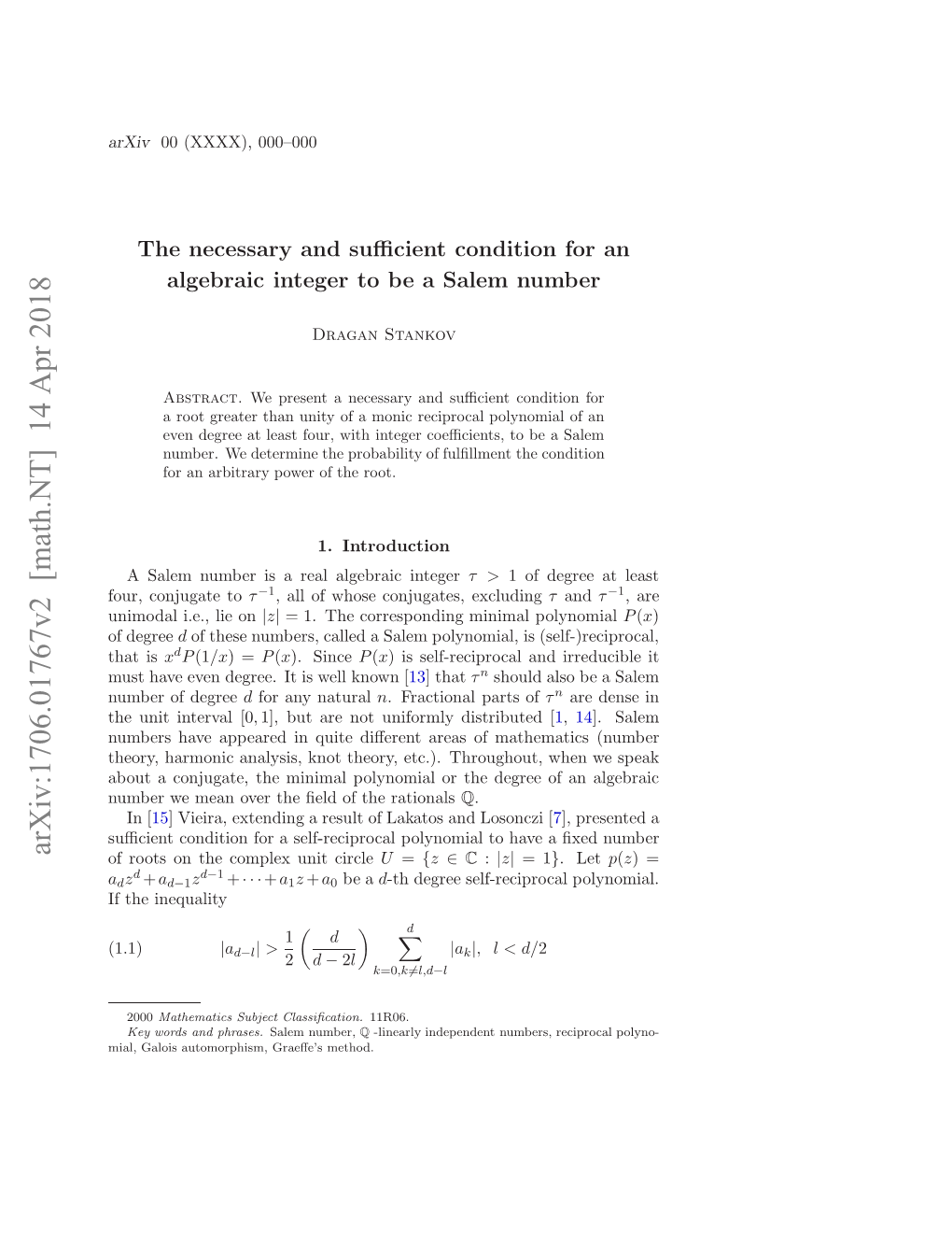 Arxiv:1706.01767V2 [Math.NT] 14 Apr 2018 Htis That Uthv Vndge.I Swl Nw [ Known Well Is It Degree